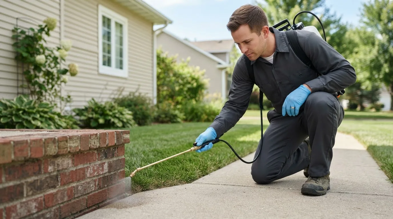 Pest control technician treating a home near Quincy, MO